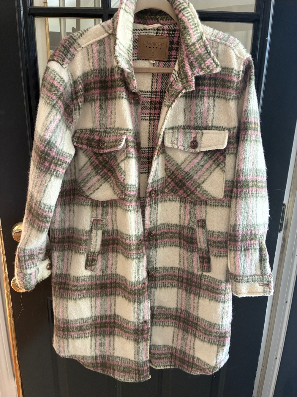 Blank NYC Cream Plaid Teddy Jacket with Pink & Green Stripes